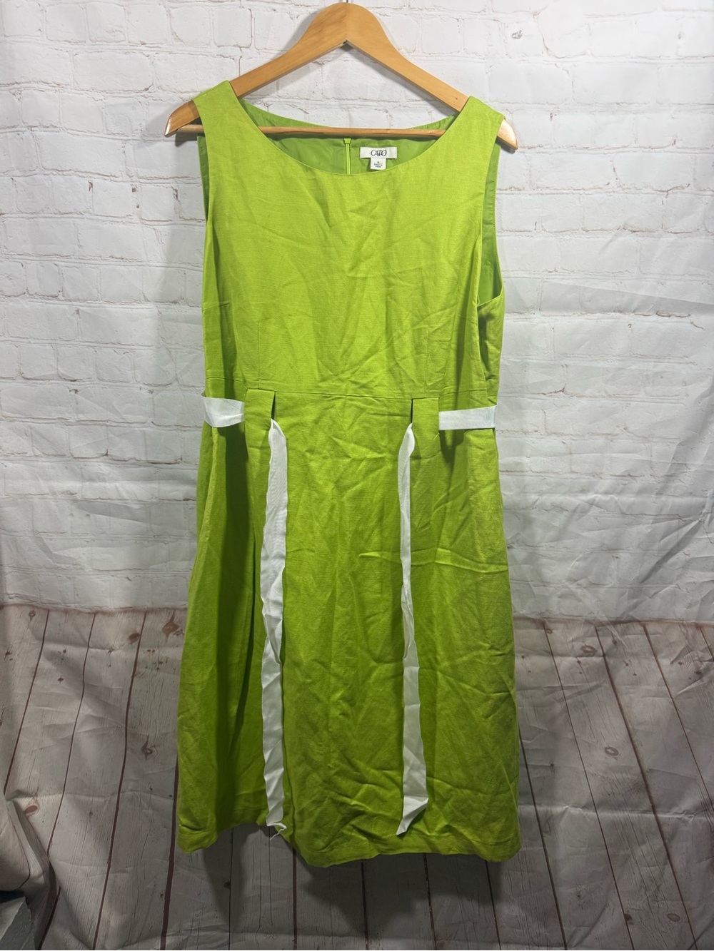Cato Lime Green A-Line Linen Blend Dress Womens Size 16 Attached Ribbon Belt